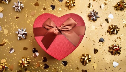 Wall Mural - banner with red gift box in a heart shape and confetti on a golden background