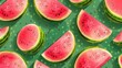 © Design Depot - The image captures several watermelon slices arranged on a patterned green layout, emphasizing the fresh, juicy quality of the fruit with a visually appealing presentation.
