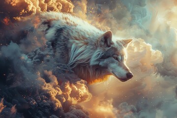 Wall Mural - A white wolf with a fiery mane is flying through the sky