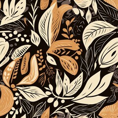 Abstract floral lino cuts of leaves and flowers designed in a random patter