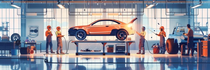 Aufkleber - A group of workers in a body shop weld and assemble a car body. Generative AI