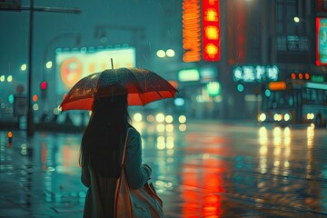 Wall Mural - A woman is walking in the rain with an umbrella. The image has a moody and melancholic feel to it, as the woman is alone and the rain seems to be falling heavily