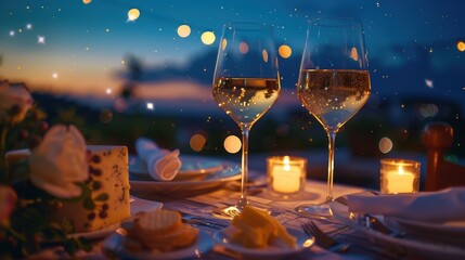 Wall Mural - A couple is enjoying a romantic dinner with candles and wine glasses