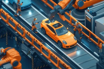 Poster - A scene of robots alongside workers on an automotive assembly line, highlighting state-of-the-art technologies in car manufacturing. Generative AI