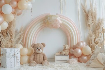 Wall Mural - A colorful room with a rainbow balloon arch and a couch. Celebrate Party backdrop