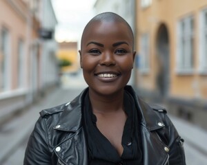 Canvas Print - Portrait of a smiling bald woman wearing a black leather jacket. AI.