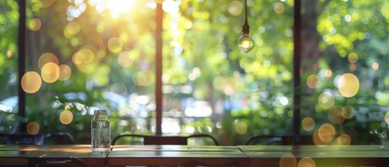 Wall Mural - Sunlight shining through a window onto a wooden table in a cafe. AI.