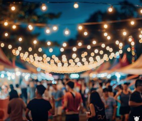 Poster - Blurred image of a night market with a string of lights hanging overhead. AI.