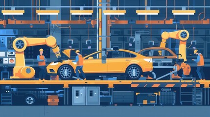 Poster - An illustration of a dynamic car assembly line showcasing the collaboration of workers and robots in modern automotive manufacturing. Generative AI