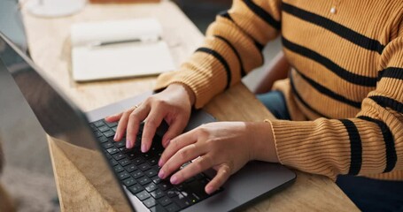 Poster - Woman, hands and copywriter with laptop in closeup for remote work, planning and communication at home. Female person, journalist or freelancer with computer for article research and email feedback