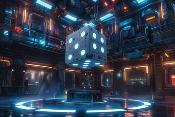 Wall Mural - A cube is floating in the air in a futuristic setting