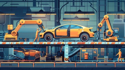 Wall Mural - A dynamic illustration depicting a modern car assembly line where robots and workers collaborate to assemble a new car. Generative AI