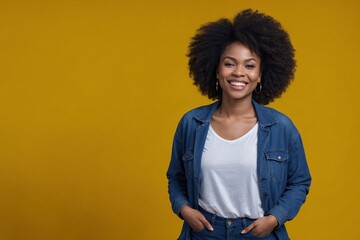 African American woman with smile on her face next to empty space on dark yellow background. Beautiful young woman in winter clothes. Space for advertising text.