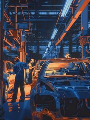 Poster - Workers in a body shop assemble car bodies, showcasing the intricate process of automotive manufacturing. Generative AI