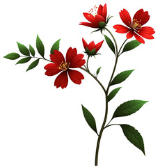 Canvas Print - Vibrant Red Blossoms on a Branch with Green Leaves.  flowers botanical isolated on transparent background. 