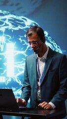 Poster - Vertical video Engineer in artificial intelligence workplace managing call center tasks, speaking into headset. AI company worker chatting with customers through headphones mic, camera B