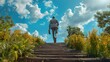 © tydeline - A black businessman running towards the camera with his briefcase in hand, on top of a wooden bridge leading to a bright blue sky with white clouds.