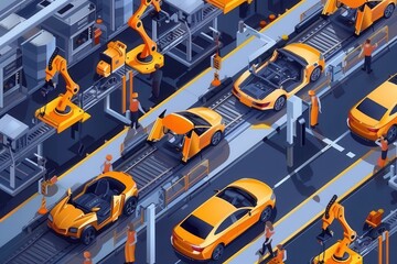 Aufkleber - Illustration of workers and robots on a modern car assembly line showcasing technological advancements in car manufacturing. Generative AI