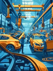 Aufkleber - Workers assembling car bodies in a busy automotive body shop. Generative AI