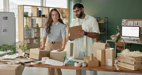 Canvas Print - Business, people and start up with boxes in office, man and clipboard with woman packaging order in creative workplace. Checking, distribution parcels and products for ecommerce, employee and hustle