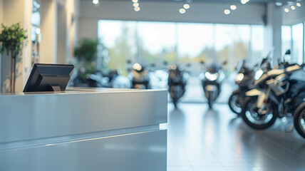 White table with blurred row of motorbikes in the background