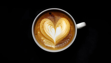 Overhead shot of a beautifully crafted heart-shaped latte art in a white coffee cup, with a dark background, perfect for coffee lovers.