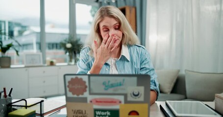Aufkleber - Woman, laptop and yawn in living room for fatigue, overworked and insomnia in home office. Female student, tired and computer in apartment for burnout, stress and exhausted for deadline or assignment