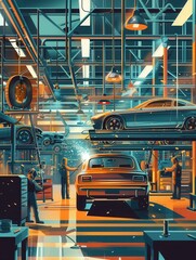 Aufkleber - A busy body shop with workers welding and assembling car bodies. Generative AI