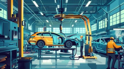 Poster - Workers assemble and weld car bodies in a large industrial body shop. Generative AI