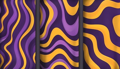 Aufkleber - Set of purple and yellow groovy wavy patterns for social media, vector illustration. Abstract background design in the style of retro poster with grooviness and lines