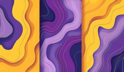 Aufkleber - Set of purple and yellow groovy wavy patterns for social media, vector illustration. Abstract background design in the style of retro poster with grooviness and lines