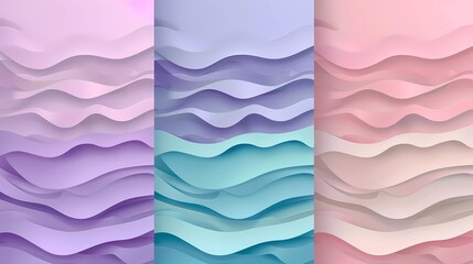 Wall Mural - set of three pastel color paper cut vector background, turquoise and purple gradient background with pink abstract waves pattern, simple flat illustration, bold lines