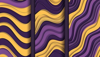 Aufkleber - Set of purple and yellow groovy wavy patterns for social media, vector illustration. Abstract background design in the style of retro poster with grooviness and lines