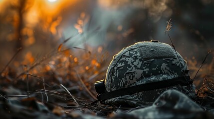 Military helmet on scorched grass with blurred background