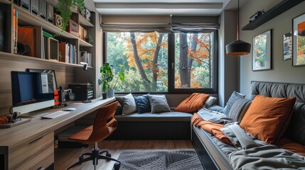 Wall Mural - Functional Small Bedroom with Folding Bed and Work Desk