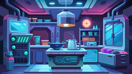 Wall Mural - light, soft, blue, cyberpunk, futuristic kitchen workstation glows with soft blue light, surrounded by an array of high-tech gadgets and avant-garde culinary tools.