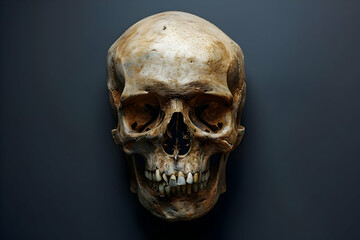close-up of a human skull on a dark background, showcasing detailed bone structure and a weathered a