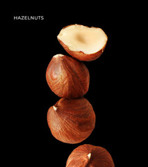 Wall Mural - Creative layout made of hazelnut on the black background. Food concept. Macro concept.