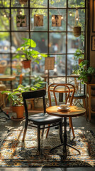 Sticker - cup of coffee on wooden table in Retro Cafe