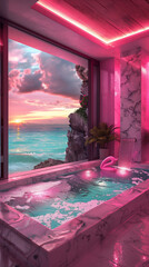 Poster - Interior of a cute pink bathroom with a pink fish tank and 
 flamingo toy