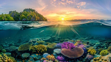 A picturesque view of a reef at sunrise, with colorful and vibrant coral formations teeming with marine life, illustrating the natural beauty and diversity of underwater ecosystems.