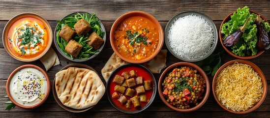 Wall Mural - Assorted Middle Eastern Cuisine Spread on Wooden Table