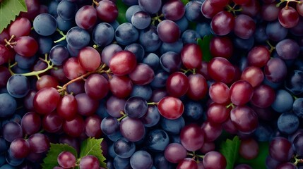 Wall Mural - Close up of red and blue grapes with green leaves.