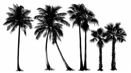 A detailed set of palm tree silhouettes differing in form and height, artistically set against a simple white background, showcasing the trees’ diversity.