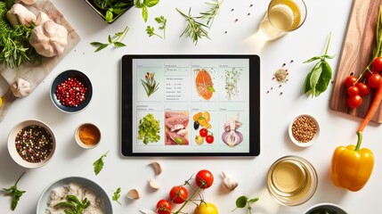 Fresh food ingredients and spices surround a digital tablet displaying online recipes on a white table