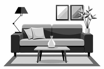 Poster - sofa, monochrome, modern, interior design, modern and sleek living room with monochrome color scheme, isolated on white background, featuring stylish sofa and side table.