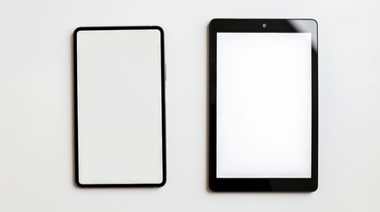 Modern communication technology: two sleek digital tablets with blank screens on a white surface, ideal for design projects