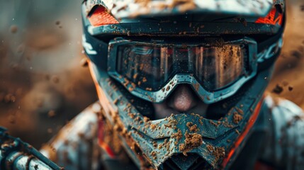 A man wearing a helmet and goggles is in a muddy field