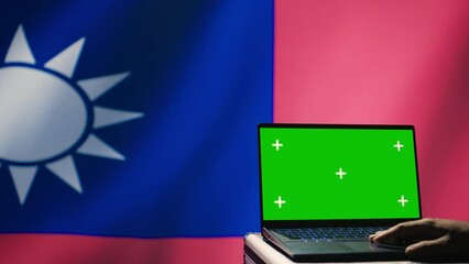 Poster - taiwanese air defense operator uses radar on green screen laptop conducting satellite tracking. taiw