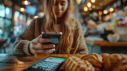 Wall Mural - A woman is sitting at a table with a cell phone in her hand